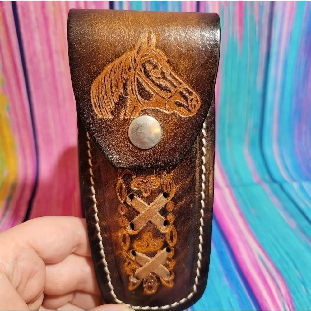 🔷️Vintage Tooled Leather Horse Head Belt Loop Knife Sheath or Case